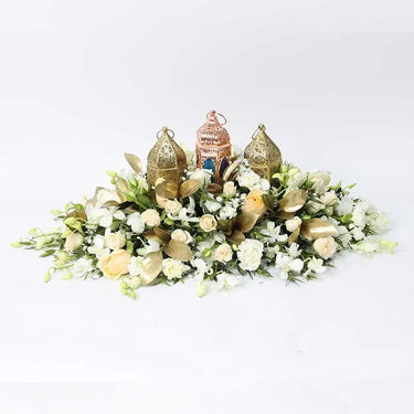 Cluster Peach and White, Table Arrangement, White Orchid, White Carnation, White Rose, Peach Rose, Baby Peach Rose, Lanterns, Golden Sprayed Single Ruscus, Parvifolia, Gypso, Floral Oasis Tray